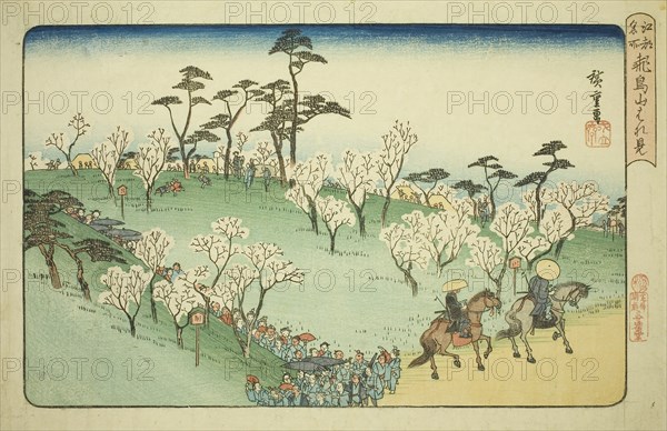 Viewing Cherry Blossoms at Asuka Hill (Asukayama hanami), from the series Famous Places in Edo (Koto meisho), c. 1832/34, Utagawa Hiroshige ?? ??, Japanese, 1797-1858, Japan, Color woodblock print, oban, 25.1 x 37 (9 7/8 x 14 5/8 in.)