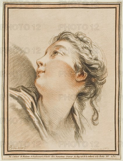Head of a Woman, c. 1767, Gilles Demarteau (French, 1722-1776), after François Boucher (French, 1703-1770), France, Crayon-manner engraving in red and black on ivory laid paper, 217 × 165 mm (sheet, cut within plate)