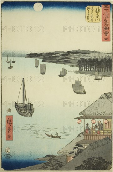 Kanagawa: View over the Sea from the Teahouses on the Hill (Kanagawa, dai no chaya kaijo miharashi), no. 4 from the series Famous Sights of the Fifty-three Stations (Gojusan tsugi meisho zue), also known as the Vertical Tokaido, 1855, Utagawa Hiroshige ?? ??, Japanese, 1797-1858, Japan, Color woodblock print, oban, 34.7 x 22.8 cm (13 5/8 x 8 15/16 in.)