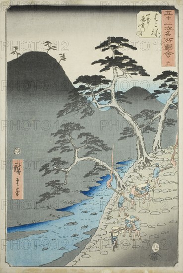 Hakone: Night Procession in the Mountains (Hakone, sanchu yagyo no zu), no. 11 from the series Famous Sights of the Fifty-three Stations (Gojusan tsugi meisho zue), also known as the Vertical Tokaido, 1855, Utagawa Hiroshige ?? ??, Japanese, 1797-1858, Japan, Color woodblock print, oban, 36 x 24.3 cm (14 3/16 x 9 9/16 in.)