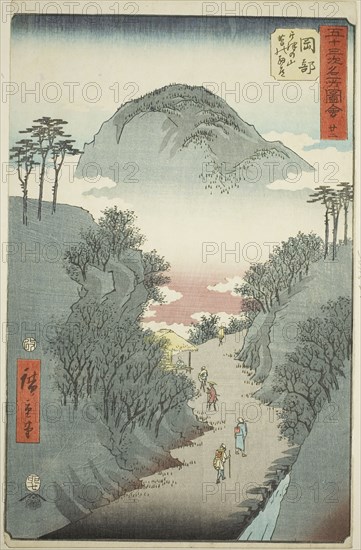 Okabe: Narrow Ivy-covered Road at Mount Utsu (Okabe, Utsu no yama tsuta no hosomichi), no. 22 from the series Famous Sights of the Fifty-three Stations (Gojusan tsugi meisho zue), also known as the Vertical Tokaido, 1855, Utagawa Hiroshige ?? ??, Japanese, 1797-1858, Japan, Color woodblock print, oban, 35.6 x 22.6 cm (14 x 8 7/8 in.)