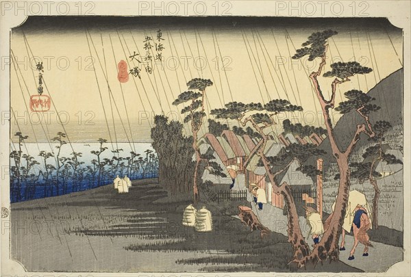 Oiso: Tora’s Rain (Oiso, Tora ga ame), from the series Fifty-three Stations of the Tokaido Road (Tokaido gojusan tsugi no uchi), also known as the Hoeido Tokaido, c. 1833/34, Utagawa Hiroshige ?? ??, Japanese, 1797-1858, Japan, Color woodblock print, oban, 25.2 x 37 cm (10 x 14 1/4 in.)