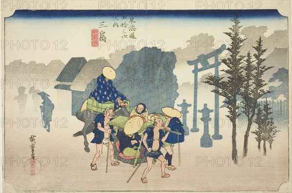 Mishima: Morning Mist (Mishima, asagiri), from the series Fifty-three Stations of the Tokaido Road (Tokaido gojusan tsugi no uchi), also known as the Hoeido Tokaido, c. 1833/34, Utagawa Hiroshige ?? ??, Japanese, 1797-1858, Japan, Color woodblock print, oban, 24.3 x 36.1 cm (9 9/16 x 14 3/16 in.)