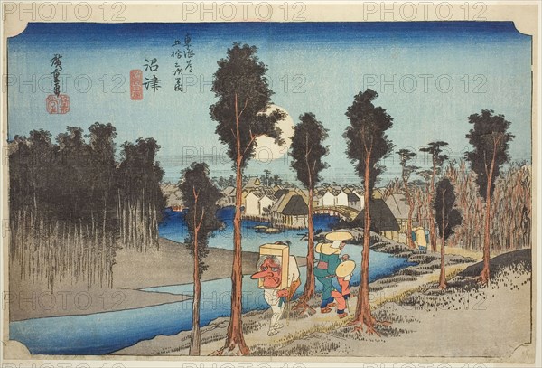 Numazu: Twilight (Numazu, tasogare zu), from the series Fifty-three Stations of the Tokaido Road (Tokaido gojusan tsugi no uchi), also known as the Hoeido Tokaido, c. 1833/34, Utagawa Hiroshige ?? ??, Japanese, 1797-1858, Japan, Color woodblock print, oban, 24.2 x 35.8 cm (9 1/2 x 14 1/16 in.)