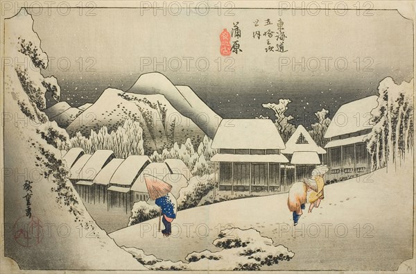 Kanbara: Evening Snow (Kanbara, yoru no yuki), from the series Fifty-three Stations of the Tokaido (Tokaido gojusan tsugi no uchi), also known as the Hoeido Tokaido, c. 1833/34, Utagawa Hiroshige ?? ??, Japanese, 1797-1858, Japan, Color woodblock print, oban, 24.1 x 36.8 cm (9 1/2 x 14 1/2 in.)