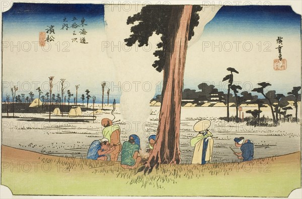 Hamamatsu: Winter Scene (Hamamatsu, fuyugare no zu), from the series Fifty-three Stations of the Tokaido (Tokaido gojusan tsugi no uchi), also known as the Hoeido Tokaido, c. 1833/34, Utagawa Hiroshige ?? ??, Japanese, 1797-1858, Japan, Color woodblock print, oban, 22.9 x 35.4 cm (9 x 13 15/16 in.)