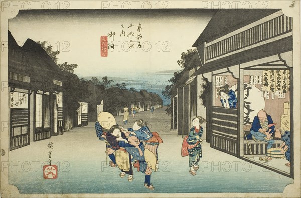 Goyu: Women Stopping Travelers (Goyu tabibito tomeru onna), from the series Fifty-three stations of the Tokaido (Tokaido gojusan tsugi no uchi), also known as the Hoeido Tokaido, c. 1833/34, Utagawa Hiroshige ?? ??, Japanese, 1797-1858, Japan, Color woodblock print, oban, 24.6 x 37.2 cm (9 11/16 x 14 5/8 in.)