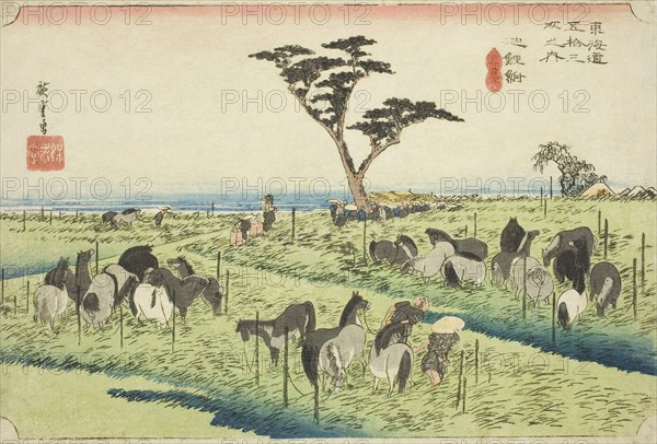 Chiryu: Early Summer Horse Market (Chiryu, shuka uma ichi), from the series Fifty-three Stations of the Tokaido (Tokaido gojusan tsugi no uchi), also known as the Hoeido Tokaido, c. 1833/34, Utagawa Hiroshige ?? ??, Japanese, 1797-1858, Japan, Color woodblock print, oban, 23.8 x 34.6 cm (9 3/8 x 13 5/8 in.)