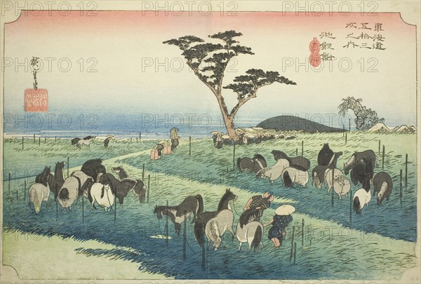 Chiryu: Early Summer Horse Market (Chiryu, shuka uma ichi), from the series Fifty-three Stations of the Tokaido (Tokaido gojusan tsugi no uchi), also known as the Hoeido Tokaido, c. 1833/34, Utagawa Hiroshige ?? ??, Japanese, 1797-1858, Japan, Color woodblock print, oban, 24.2 x 36 cm (9 1/2 x 14 3/16 in.)