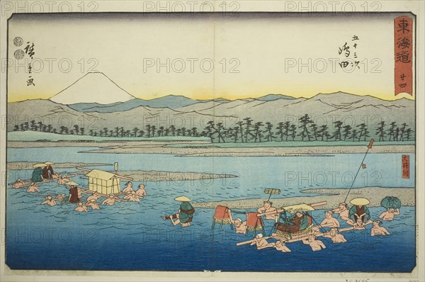 Shimada: The Oi River (Shimada, Oigawa)—No. 24, from the series Fifty-three Stations of the Tokaido (Tokaido gojusan tsugi), also known as the Reisho Tokaido, c. 1847/52, Utagawa Hiroshige ?? ??, Japanese, 1797-1858, Japan, Color woodblock print, oban, 23.6 x 34.9 cm (9 1/4 x 13 3/4 in.)