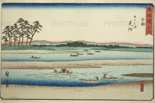 Mitsuke: Ferryboats on the Tenryu River (Mitsuke, Tenryugawa no funawatashi)—No. 29, from the series Fifty-three Stations of the Tokaido (Tokaido gojusan tsugi), also known as the Reisho Tokaido, c. 1847/52, Utagawa Hiroshige ?? ??, Japanese, 1797-1858, Japan, Color woodblock print, oban, 23.7 x 34.8 cm (9 5/16 x 13 11/16 in.)
