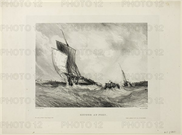 Return to Port, plate two from Six Marines, 1833, Eugène Isabey (French, 1803-1886), printed by Charles Étienne Pierre Motte (French, 1785-1836), France, Lithograph in black on ivory China paper laid down on ivory wove paper, 213 × 283 mm (image), 269 × 339 mm (chine), 333 × 450 mm (sheet)