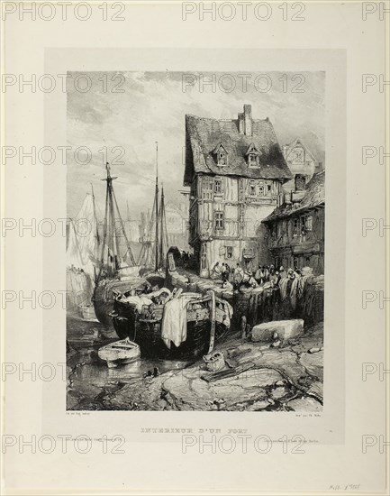 Interior of a Port, plate five from Six Marines, 1833, Eugène Isabey (French, 1803-1886), printed by Charles Étienne Pierre Motte (French, 1785-1836), France, Lithograph in black on light gray China paper, laid down on ivory wove paper, 309 × 235 mm (image), 359 × 276 mm (primary support), 441 × 347 mm (secondary support)