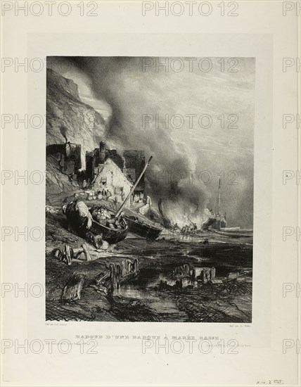 Repair of a Ship at Low Tide, plate four from Six Marines, 1833, Eugène Isabey (French, 1803-1886), printed by Charles Étienne Pierre Motte (French, 1785-1836), France, Lithograph in black on ivory China paper laid down on ivory wove paper, 312 × 243 mm (image), 369 × 287 mm (chine), 448 × 349 mm (sheet)