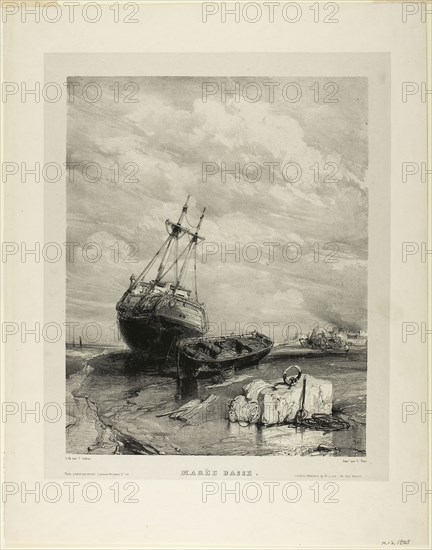 Low Tide, plate six from Six Marines, 1833, Eugène Isabey (French, 1803-1886), printed by Charles Étienne Pierre Motte (French, 1785-1836), France, Lithograph in black on light gray China paper laid down on ivory wove paper, 310 × 246 mm (image), 350 × 283 mm (chine), 442.5 × 347 mm (sheet)