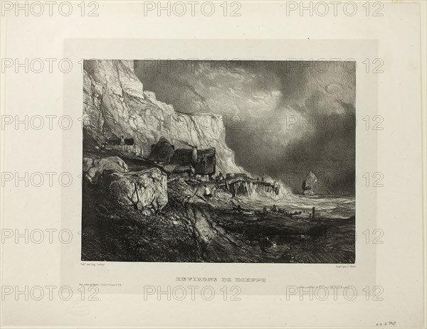 Near Dieppe, plate one from Six Marines, 1833, Eugène Isabey (French, 1803-1886), printed by Charles Étienne Pierre Motte (French, 1785-1836), France, Lithograph in black on light gray China paper, laid down on ivory wove paper, 212 × 286 mm (image), 268 × 330 mm (primary support), 339 × 447 mm (secondary support)