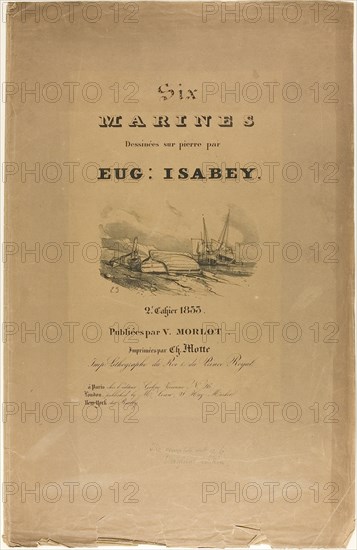 Portfolio Cover, for Six Marines, 1833, Eugène Isabey (French, 1803-1886), printed by Charles Étienne Pierre Motte (French, 1785-1836), France, Bi-fold portfolio cover with lithograph image and text on brown wove paper, 604 × 390 mm