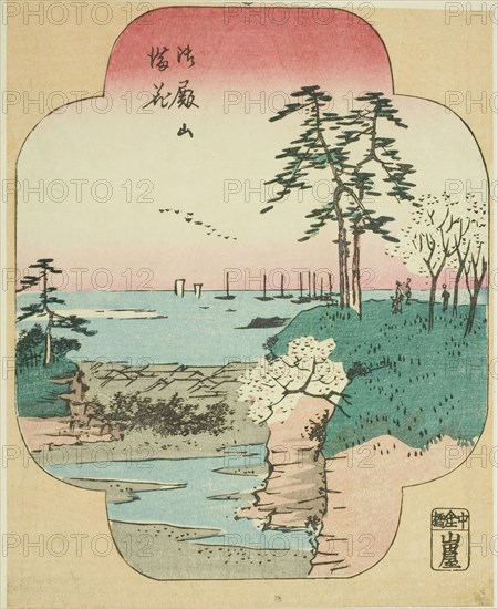 Cherry Blossoms in Full Bloom at Goten Hill (Gotenyama manka), section of a sheet from the series Cutout Pictures of Famous Places in Edo (Edo meisho harimaze zue), 1857, Utagawa Hiroshige ?? ??, Japanese, 1797-1858, Japan, Color woodblock print, section of harimaze sheet, 18 x 14.4 cm