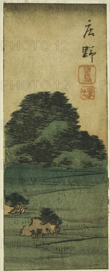 Shono: Shiratori Mound (Shono, Shiratorizuka), section of sheet no. 12 from the series Cutouts of the Fifty-three Stations (Gojusan tsugi harimaze), 1852, Utagawa Hiroshige ?? ??, Japanese, 1797-1858, Japan, Color woodblock print, section of harimaze sheet (uncut sheet: 1939.1297), 17.6 x 7 cm
