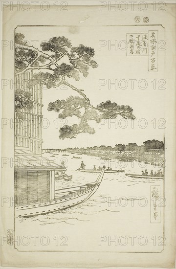 Pine of Success and Oumayagashi, Asakusa River (Asakusagawa shubi no matsu Oumayagashi), from the series One Hundred Famous Views of Edo (Meisho Edo hyakkei), 1856, Utagawa Hiroshige ?? ??, Japanese, 1797-1858, Japan, Woodblock print, oban, keyblock proof impression