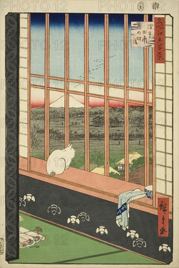 Asakusa Rice Fields and Torinomachi Festival (Asakusa tanbo Torinomachi mode), from the series One Hundred Famous Views of Edo (Meisho Edo hyakkei), 1857, Utagawa Hiroshige ?? ??, Japanese, 1797-1858, Japan, Color woodblock print, oban, 36 x 24.1 cm (14 3/15 x 9 1/2 in.)