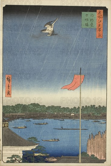 Komagata Hall and Azuma Bridge (Komagatado Azumabashi), from the series One Hundred Famous Views of Edo (Meisho Edo hyakkei), 1857, Utagawa Hiroshige ?? ??, Japanese, 1797-1858, Japan, Color woodblock print, oban, 36 x 24 cm (14 3/16 x 9 7/16 in.), Tablecloth, 19th century, France, 137.2 × 108 cm (54 × 42 1/2 in.)