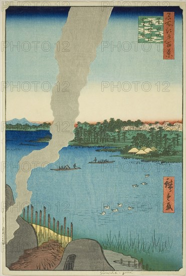 Tile Kilns and Hashiba Ferry on the Sumida River (Sumidagawa Hashiba no watashi kawaragama), from the series One Hundred Famous Views of Edo (Meisho Edo hyakkei), 1857, Utagawa Hiroshige ?? ??, Japanese, 1797-1858, Japan, Color woodblock print, oban