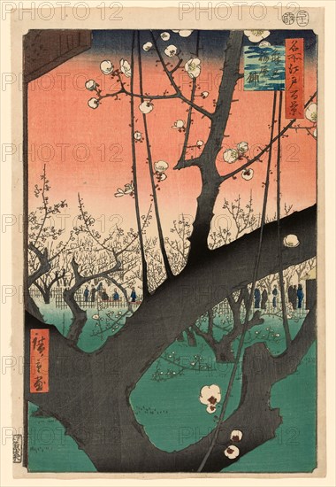 Plum Garden at Kameido (Kameido Umeyashiki), from the series One Hundred Famous Views of Edo (Meisho Edo hyakkei), 1857, Utagawa Hiroshige ?? ??, Japanese, 1797-1858, Japan, Color woodblock print, oban, 36 x 24.4 cm (14 3/16 x 9 9/16 in.)