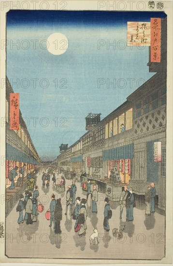 Night View of Saruwaka-machi (Saruwaka-machi yoru no kei), from the series One Hundred Famous Views of Edo (Meisho Edo hyakkei), 1856, Utagawa Hiroshige ?? ??, Japanese, 1797-1858, Japan, Color woodblock print, oban, 36 x 24 cm (14 3/16 x 9 7/16 in.)
