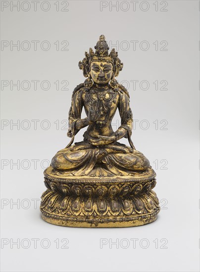 One of the Five Celestial Buddhas, Seated with Hands in Gestures of Meditation (Dhyanamudra) and Reassurance (Abhaymudra), Ming dynasty (1368–1644), Yongle period (1403–24), China, Gilt copper alloy, 18 × 12.3 × 9.3 cm (7 1/8 × 4 7/8 × 3 5/8 in.)