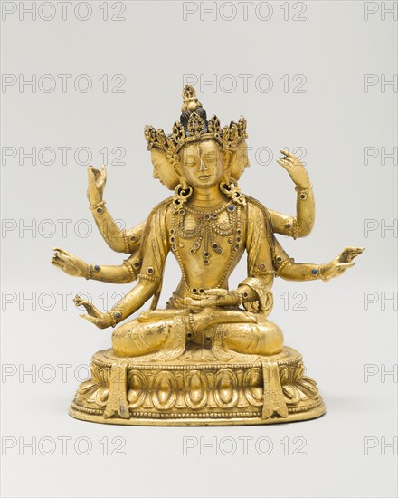 Deity from a Set of Five Pancharaksha Goddesses, Qing dynasty (1644–1911), 19th century, China, Gilt copper alloy with lapis, coral and malachite, 11 × 11 × 6.7 cm (4 3/8 × 4 3/8 × 2 5/8 in.)