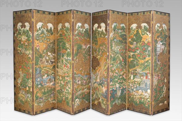 Pair of Four-Panel Screens, 17th century, Indo-Japanese, Possibly Latin American (Peru or Mexico), Japan, Wood, canvas, paper, polychrome colors, and gilding, Each panel: 193.7 x 59.7 x 1.3 cm (76 1/4 x 23 1/2 x 1/2 in.)