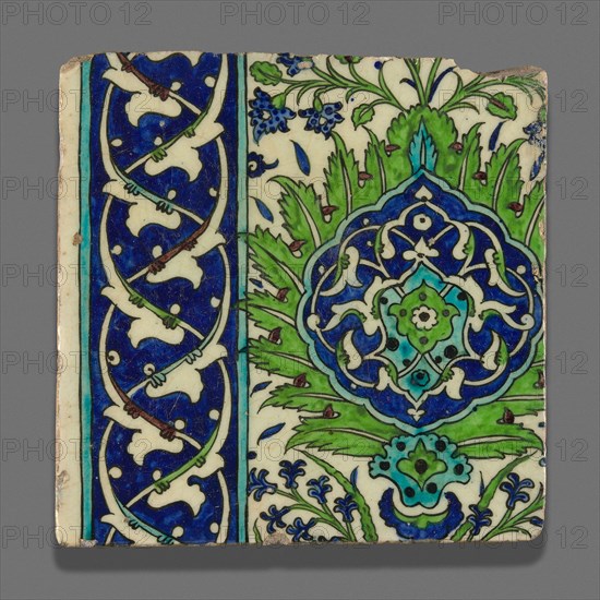Tile, Ottoman dynasty (1299–1923), 16th or 17th century, Syria, Damascus, Fritware, painted in blue, turquoise, green, purple, and black under a transparent glaze, 26.9 × 27 × 20cm (10 9/16 × 10 11/16 × 7 7/8 in.)