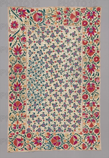 Suzani (large embroidered hanging or cover), 19th century, Uzbekistan, possibly Shakhrisabz or Shafirkhan, Uzbekistan, Cotton, plain weave, embroidered with silk, 231.4 x 150.2 cm (91 1/8 x 59 1/8 in.)