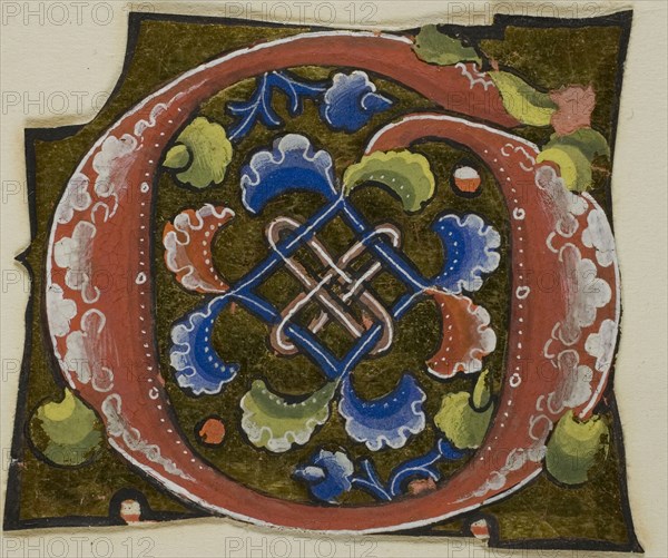 Decorated Initial G in Red with Conventional Flower from a Manuscript, 14th century or modern, c. 1920, European, Europe, Manuscript cutting in tempera and gold leaf on vellum, 56 × 66 mm