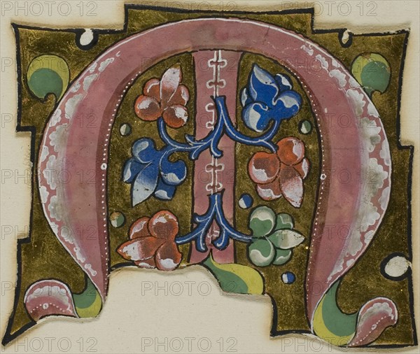 Decorated Initial M in Pink with Conventional Leaves from a Choir Book, 14th century or modern, c. 1920, European, Europe, Manuscript cutting in tempera and gold leaf on vellum, 70 × 57 mm