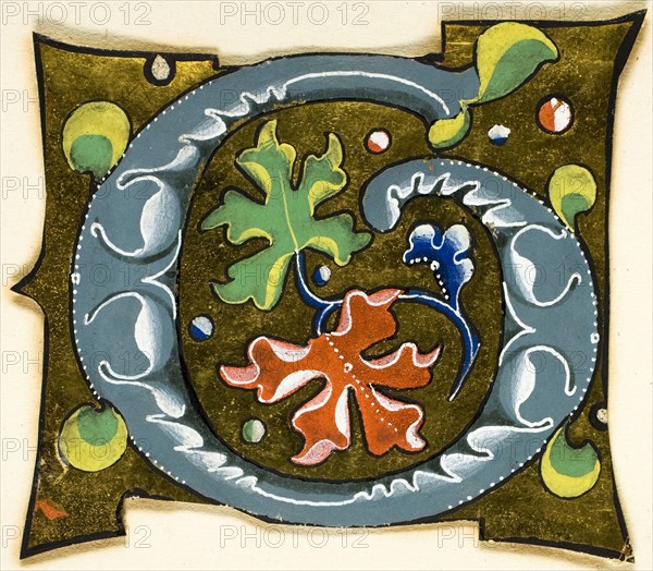 Decorated Initial G in Grey with Red, Green and Blue Leaves from a Manuscript, 14th century or modern, c. 1920, European, Europe, Manuscript cutting in tempera and gold leaf on vellum, 62 × 70 mm