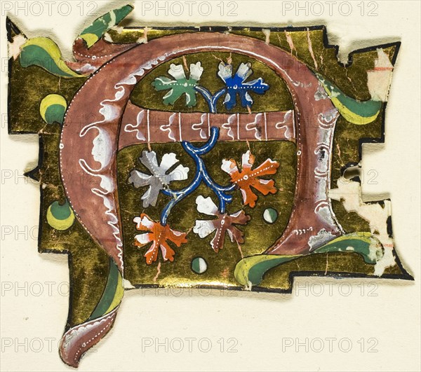 Decorated Initial A in Pink with Six Oak Leaves from a Manuscript, 14th century or modern, c. 1920, European, Europe, Manuscript cutting in tempera and gold leaf on vellum, 68 × 75 mm