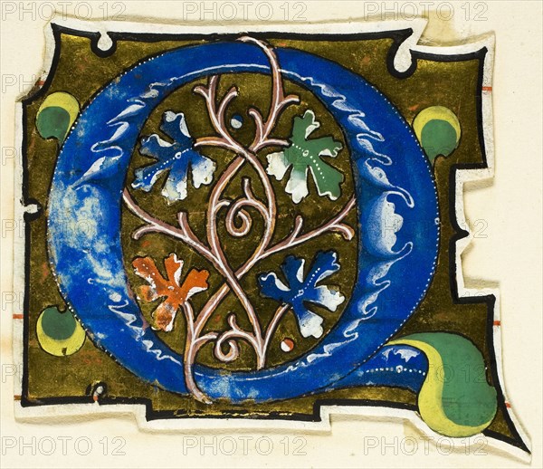 Decorated Initial Q in Blue with Four Oak Leaves from a Manuscript, 14th century or modern, c. 1920, European, Europe, Manuscript cutting in tempera and gold leaf on vellum, 78 × 62 mm