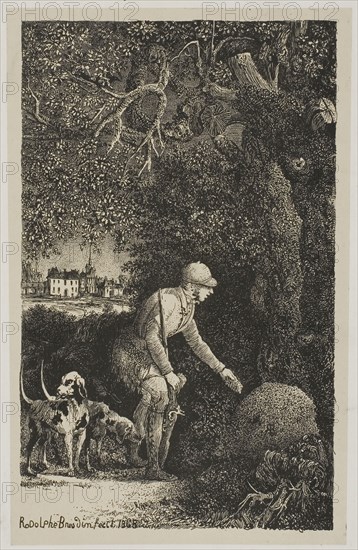 The Diplomat and the Anthill, Illustration for Fables and Tales by Hippolyte de Thierry-Faletans, 1868, Rodolphe Bresdin, French, 1825-1885, France, Lithograph (etching transfer) on cream China paper laid down on white wove paper, 161 × 101 mm (image), 171 × 108 mm (chine), 285 × 400 mm (sheet)