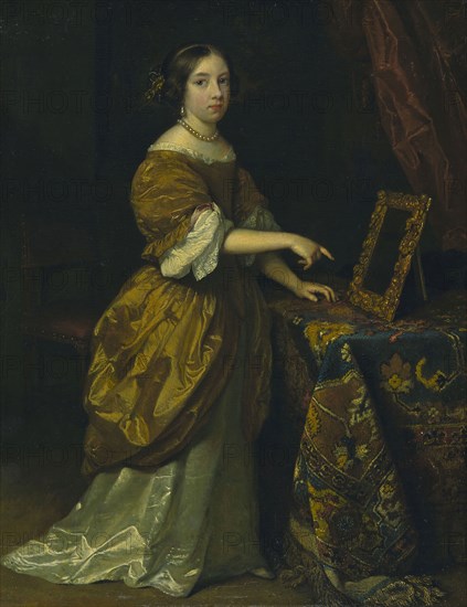 Girl Standing before a Mirror, 1668, Caspar Netscher, Dutch, 1639–1684, Holland, Oil on panel, 35.8 x 28 cm (14 1/8 x 11 7/8 in)