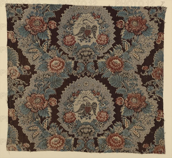 E Pluribus Unum (From the Many, One) (Furnishing Fabric), 1825/35, England, Manchester, Manchester, Cotton, plain weave, engraved roller printed, glazed, 58.6 x 62.8 cm (23 x 24 3/4 in.)