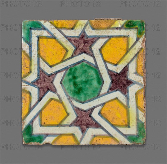 Square Tile, Late 19th century, Morocco, Morocco, Polychrome pigment applied over opaque white glaze, 11.8 cm × 11.6 cm × 2.2 cm (4 5/8 in. × 4  9/16 in. × 7/8 in.)