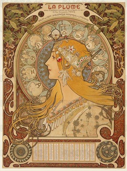 Zodiaque (La Plume), 1896–97, Alphonse Marie Mucha, Czech, 1860-1939, Czech Republic, Color lithograph from multiple stones on tan wove paper, 630 × 470 mm