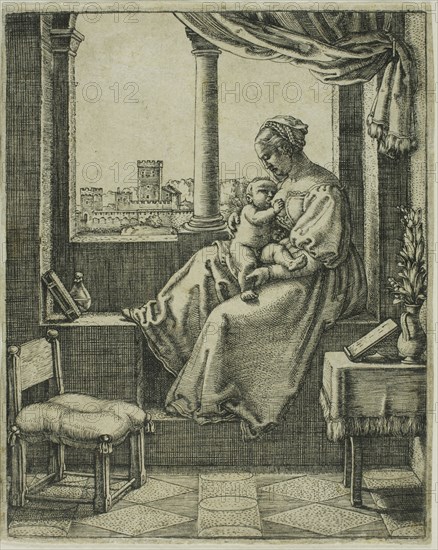 Virgin and Child by the Window, n.d., Barthel Beham, German, 1502-1540, Germany, Engraving in black on cream laid paper, 105 × 84 mm (plate), 108 × 87 (sheet)