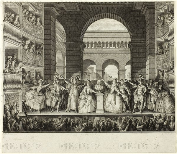Crowning of Voltaire, 1778–82, Charles-Etienne Gaucher (French, 1741-1804), after Jean Michel Moreau (French, 1741-1814), France, Etching and engraving on paper, 177 × 235 mm (image), 207 × 237 mm (sheet)