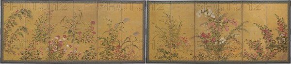 Flowers of All Seasons, mid–17th century, Japanese, Japan, Pair six-panel screens, ink, color, and gold on paper, Ea. 136.5 x 312 cm