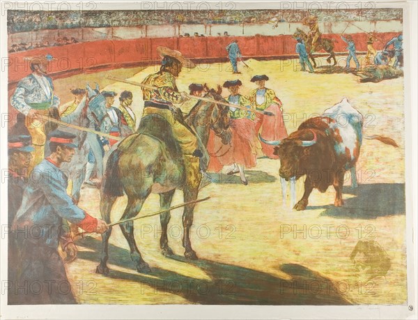 Bull-Fight, 1897, Alexandre Lunois, French, 1863-1916, France, Lithograph in black, yellow, red, blue, purple-brown and pale green on grayish-ivory China paper, 451 × 604 mm (image), 480 × 625 mm (sheet)