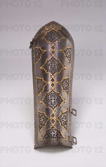 Arm Guard (Bazuband) from Suit of Armor, 18th century, Iran, Iran, Steel inlaid with gold, with engraved and pierced decoration, 34.5 × 10.2 × 3.8 cm (13 3/4 × 4 × 1 1/2 in.)