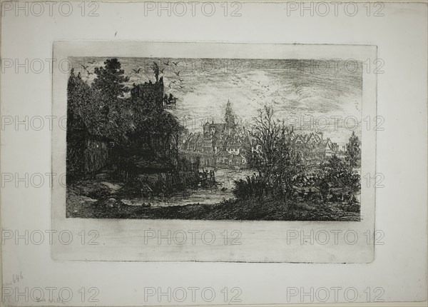 City with Stone Bridge, 1865, Rodolphe Bresdin, French, 1825-1885, France, Etching on white wove paper, 119 × 217 mm (image), 162 × 238 mm (plate), 220 × 312 mm (sheet)